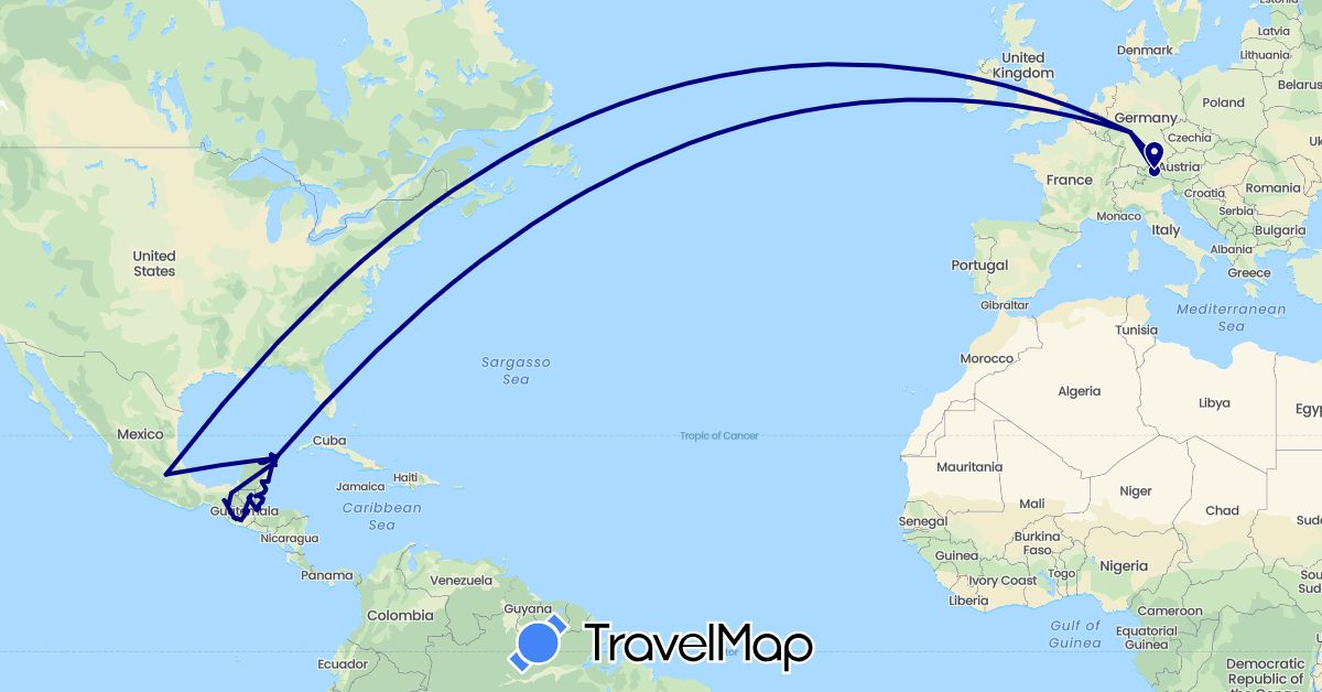 TravelMap itinerary: driving in Austria, Belize, Germany, Guatemala, Mexico (Europe, North America)